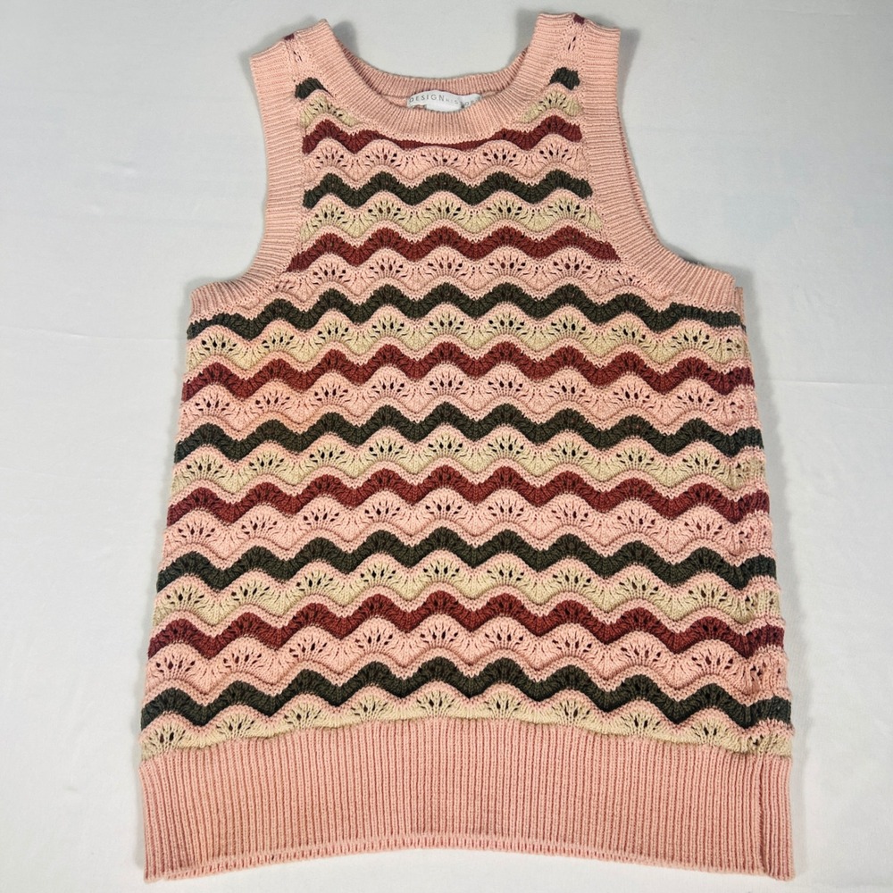 Design History Women Pink Multi Chevron Pointelle Cotton Knit Sweater Tank Small